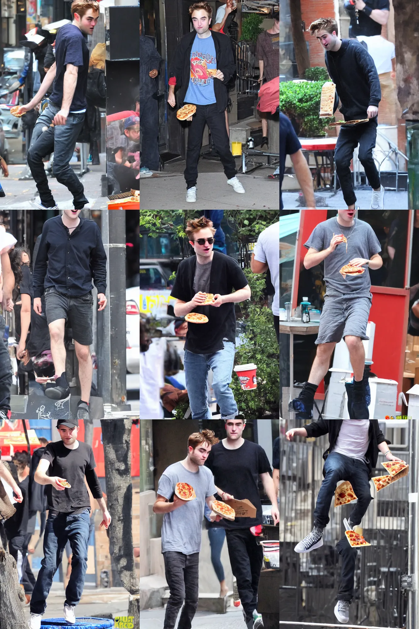 Prompt: robert pattinson eating pizza while jumping on a trampoline in new york city, photography 4 k