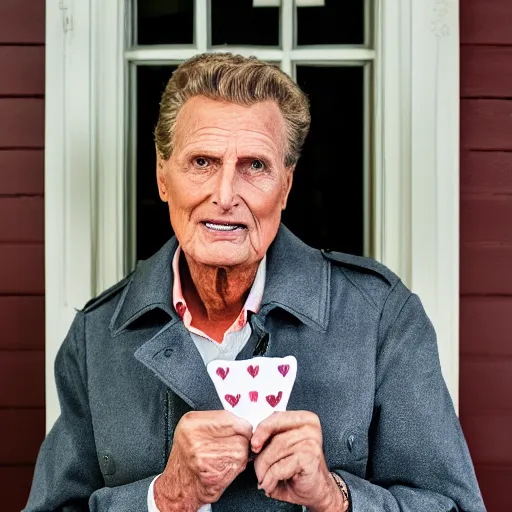 Image similar to robert stack wearing a trench coat unsolved mysteries holding a valentines card, ( sony a 7 r iv, symmetric balance, polarizing filter, photolab, lightroom, 4 k, dolby vision, photography awardm, voque, perfect face )