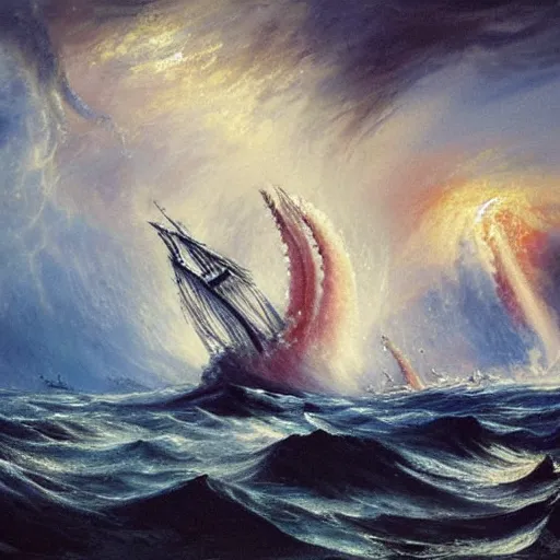 Image similar to kraken tentacles stormy sea steamship boat dramatic clouds painting style of turner