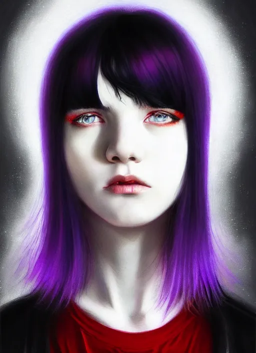 Image similar to hair blackbangs hair, white hair, blackbangswhitehair, portrait of teenage girl with black bangs, red irises, purple clothes, black bangs, bangs are white hair is black, intricate, elegant, glowing lights, highly detailed, digital painting, artstation, concept art, sharp focus, illustration, art by wlop, mars ravelo and greg rutkowski