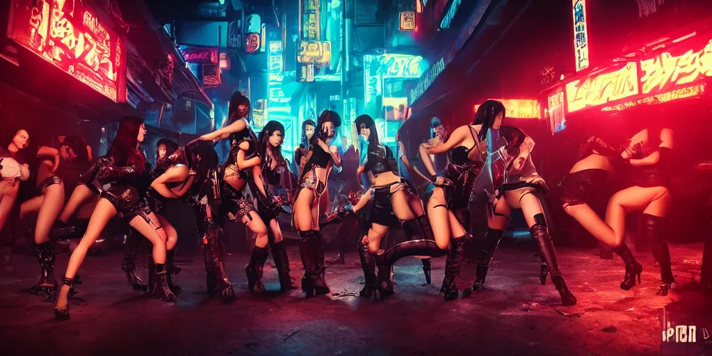 Image similar to epic highly detailed photo of gangs of girls fighting in cyberpunk night adult club, 3 5 mm, guns blasting, low angle, blade runner, akira, cinematic angle, cinematic lighting, reflections, action, battle