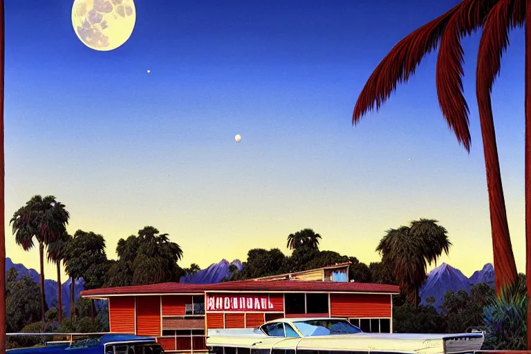 Image similar to natural american landscape | abandoned motel | palm trees | snowy mountains | moon in sky, painting by syd mead and weta studio and moebius and james jean and frank frazetta, highly detailed, rule of third, soft lighting, 8 k resolution, oil on canvas, architectural magazine, beautiful detailed, insanely intricate details, artstation trending, hypermaximalistic, high details, cinematic