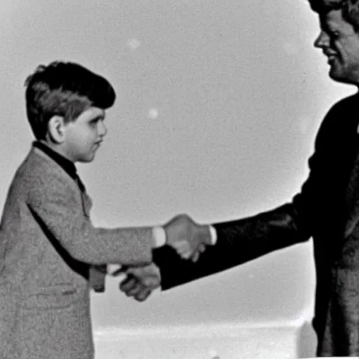 Image similar to a black and white photo of john f kennedy shaking hands with the alien from et