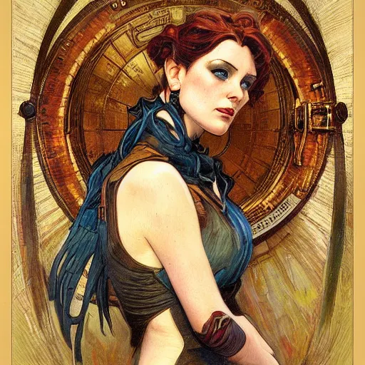 Image similar to a dieselpunk painting in the style of donato giancola, and in the style of charlie bowater, and in the style of alphonse mucha. symmetry, smooth, sharp focus, semi - realism, intricate detail.