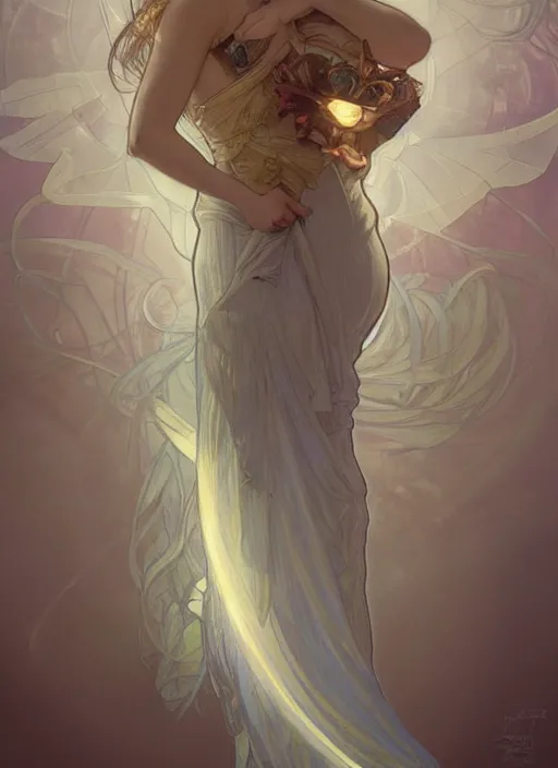 Prompt: digital character concept art by artgerm and greg rutkowski and alphonse mucha. clear portrait of a modestly clothed young wife blessed by god to uncontrollably become overwhelmingly perfect!! blonde, obviously full - figured holy body!! light effect. hyper detailed, glowing lights!! intricate, elegant, digital painting, artstation, smooth, sharp focus