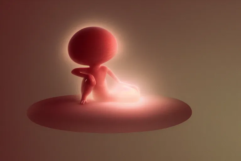 Image similar to a cute alien sitting on a cloud relaxing, misty, glows, blender render, hazy, foggy, red lighting,