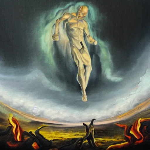 Image similar to Man arising from the ninth circle of hell. Oil painting.