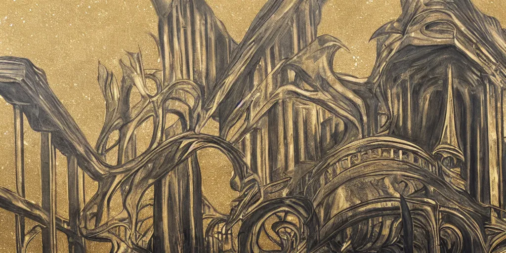 Prompt: charcoal art with adding gold leaf of monumental architecture inspired by h. p. lovecraft