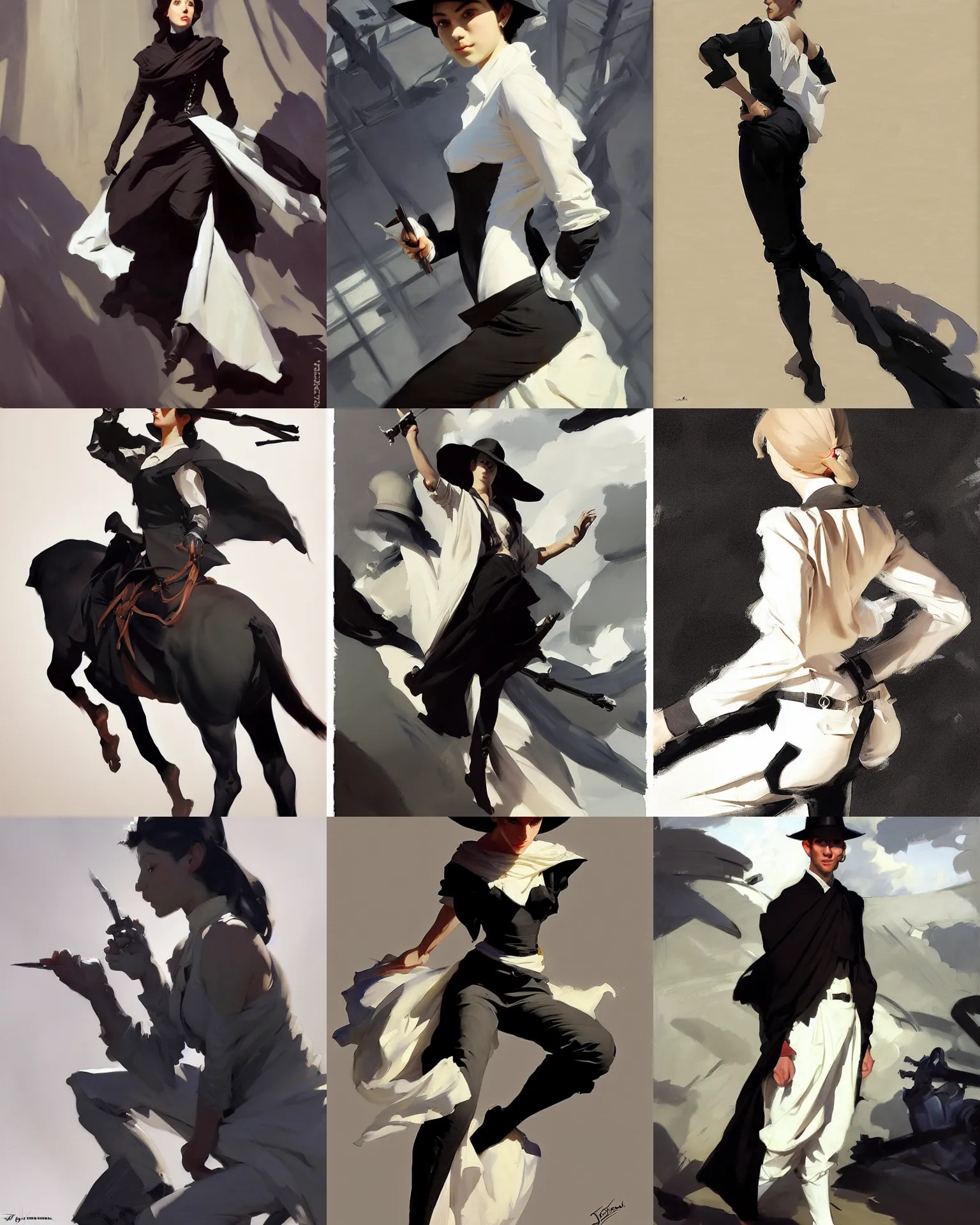 Prompt: black white cloth fabric jodhpurs greg manchess painting by sargent and leyendecker, studio ghibli, fantasy, medium shot, asymmetrical, intricate, elegant, matte painting, illustration, hearthstone, by greg rutkowski, by greg tocchini, by james gilleard, by joe fenton