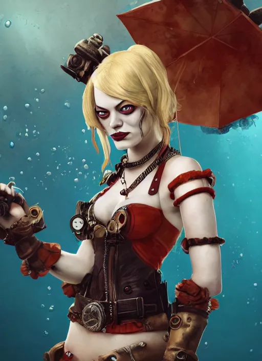 Image similar to underwater steampunk pirate portrait of emma stone as harley quinn, pretty face, hyper detailed, digital art, cinematic lighting, studio quality, smooth render, unreal engine 5, octane rendered, art style by klimt and nixeu and ian sprigger and krenz cushart.