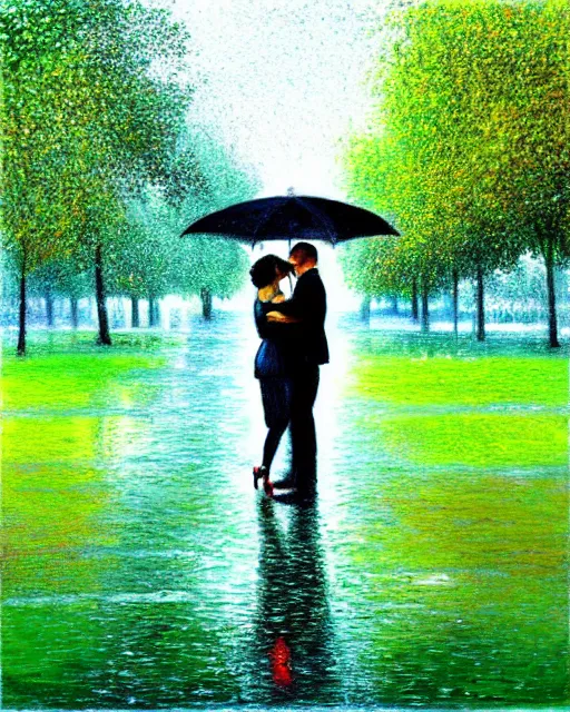 Prompt: raindrops, rain, square, park, lake, man and woman under a black umbrella, trees, kiss, paths, lake, impressionism.