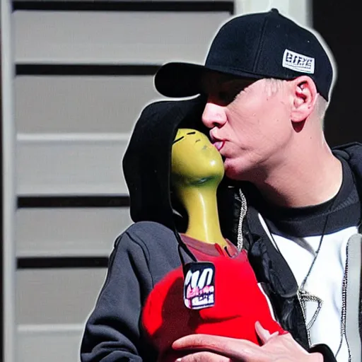 Prompt: Eminem kissing a m&m