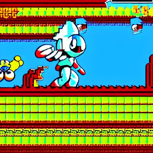 Prompt: new megaman enemy 'chickenman' who has the power of shooting eggs at you, nes 8bit graphics design, high quality detail, Nintendo campcom game design, clean screenshot upload, bright colours