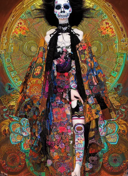 Prompt: cute punk goth fashion hippy fractal Día de los Muertos android girl wearing kimono made of circits posing by Zhang Jingna, psychedelic poster art of by Victor Moscoso Rick Griffin Alphonse Mucha Gustav Klimt Ayami Kojima Amano Charlie Bowater, masterpiece