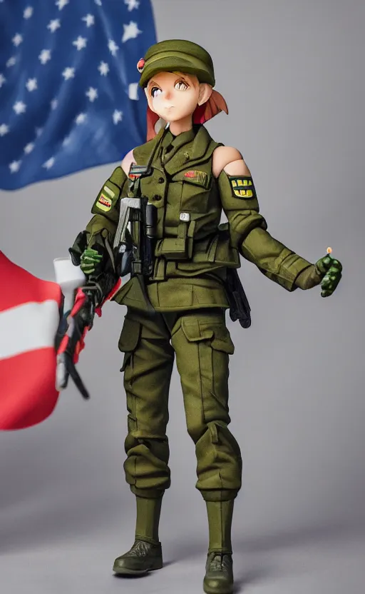 Prompt: ash arms, toy photo, realistic face, army uniform, portrait of the action figure of a girl, anime character anatomy, 3d printed, plastic and fabric, figma by good smile company, collection product, dirt and smoke background, navy flags, realistic military gear, 70mm lens, hard surfaces, photo taken by professional photographer, trending on Twitter, symbology, 4k resolution, low saturation, realistic tank addons