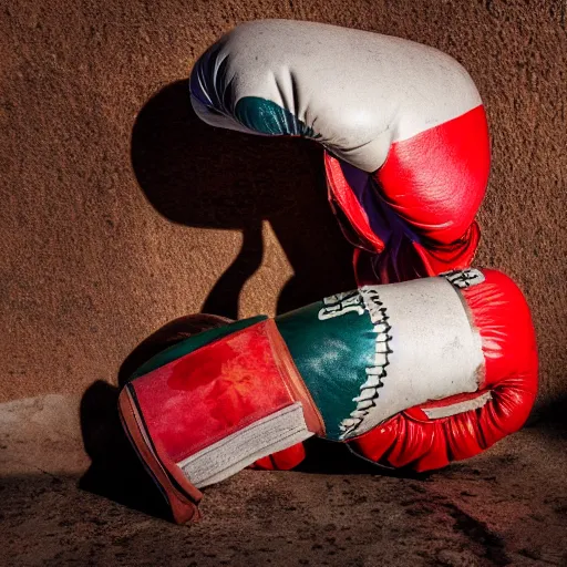 Prompt: a beautiful sculpture made of old textile and boxing gloves, epic lighting, cinematic composition, hyperrealistic, 8 k