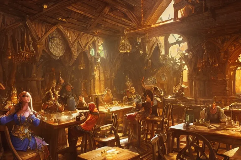 Image similar to ultra realistic illustration, medieval tavern interior from warcraft and d & d, intricate, elegant, highly detailed, digital painting, artstation, concept art, smooth, sharp focus, illustration, art by artgerm and greg rutkowski and alphonse mucha