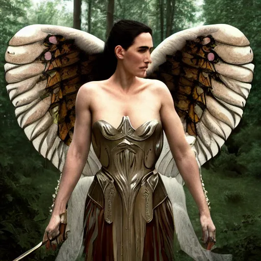 Prompt: A beautiful detailed painting of jennifer connelly as a female angel warrior, wings spread in a magical forest, ray traced sun light, by john sargent and Kalin Popov , Trending on artstation HD.