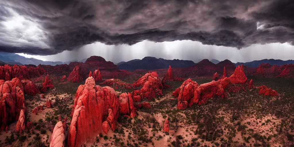 Prompt: dramatic still of a dark gothic cathedral, rendered by pixar, vultures, gothic architecture, top of a red rock canyon, red rock strata, aerial view, atmospheric, stormy, dramatic skies, moody, dark, cinematic, volumetric lighting, 8K