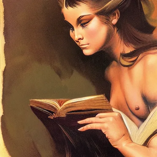 Image similar to a girl reading book, hair flowing down, in the style of Frank Frazetta, Jeff Easley, Caravaggio, extremely clear and coherent, clear lines, 8K revolution