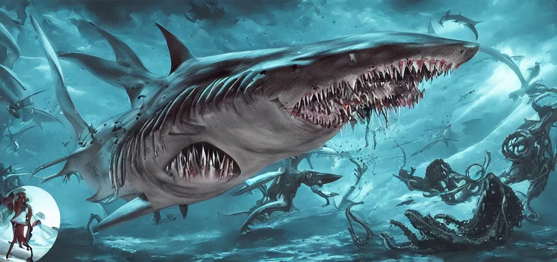 Image similar to concept art of shark attack, lovecraftian, lots of teeth, melting horror, fighting the horrors of the unknown with laser guns