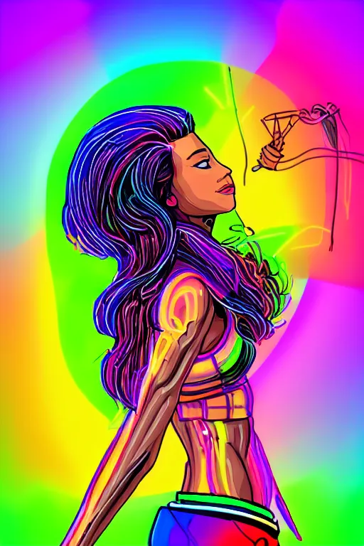 Image similar to a award winning half body portrait of a beautiful woman with stunning eyes in a croptop and cargo pants with rainbow colored ombre hairstyle head in motion and hair flying by thomas danthony, outlined by whirling illuminated neon lines, outrun, vaporware, shaded flat illustration, digital art, trending on artstation, highly detailed, fine detail, intricate