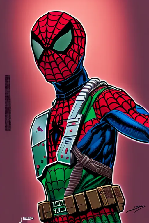 Image similar to spiderman inspired by boba fett, digital portrait art by josan gonzalez, epic lighting, intricate, d & d, fantasy, cyberpunk x renaissance