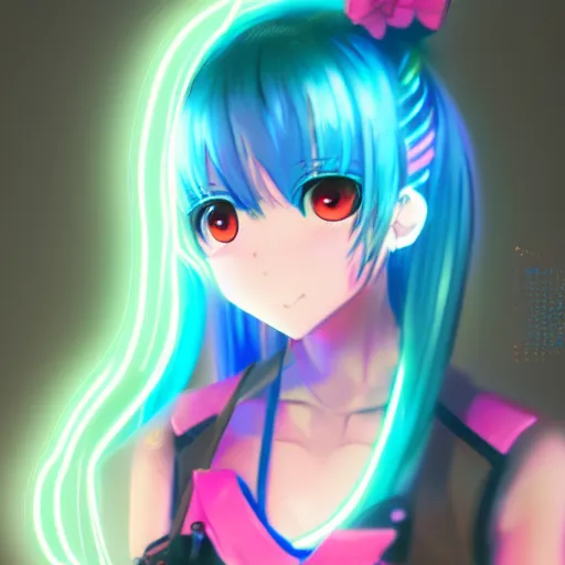 Image similar to professional digital portrait of an anime girl with neon light blue and neon pink pigtails, trending on artstation, super detailed, bokeh, anime wallpaper 8 k hd, anime screenshot