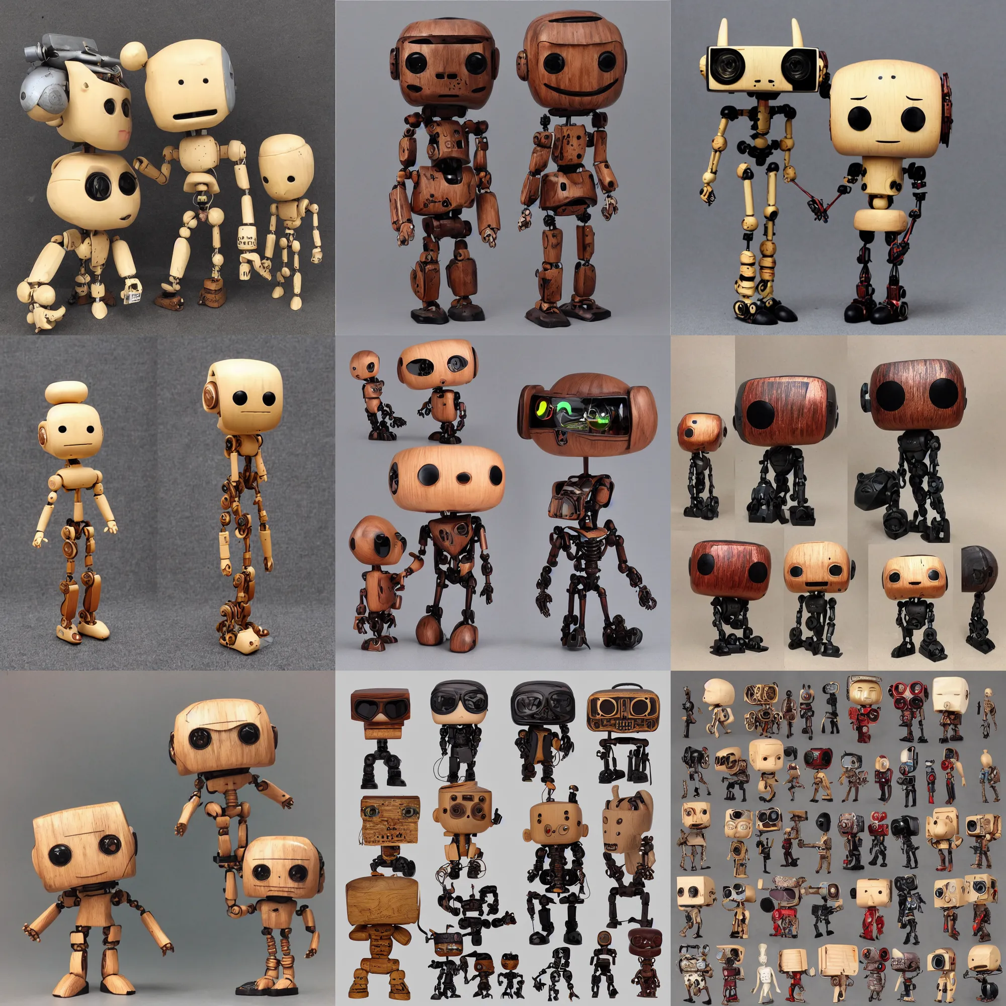 Prompt: realistic a wooden sculpture art toys collectible very cute figurine robot mascot cyberpunk style pop funko