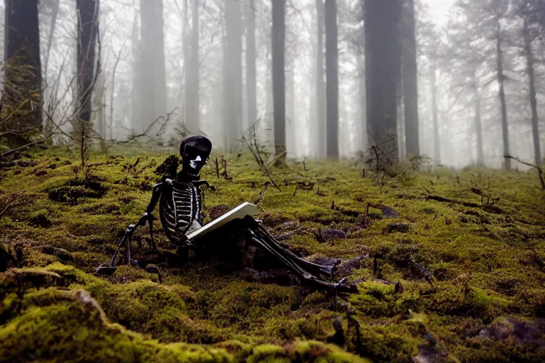 Image similar to a burning with fire human skeleton sitting behind computer, overgrown with moss, in foggy forest, at night with moon, dark atmosphere, by carus carl gustav