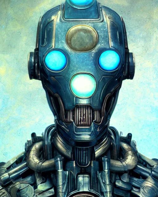 Prompt: portrait of an labradorite ultron from age of ultron, clockwork steampunk, dieselpunk, by beksinski, 4 k, deviantart, 3 d unreal engine, trending on artstation