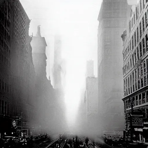 Image similar to old black and white photo, 1 9 1 3, depicting a giant alien kaiju monster rampaging through the bustling streets of new york city, historical record, volumetric fog