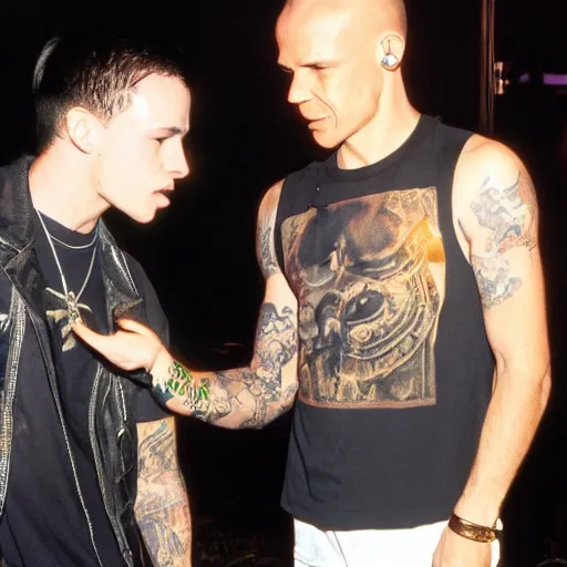 Prompt: highly detailed, ultra realistic, cinematic portrait, young anthony kiedis meeting his bassist friend flea at a mc hammer concert