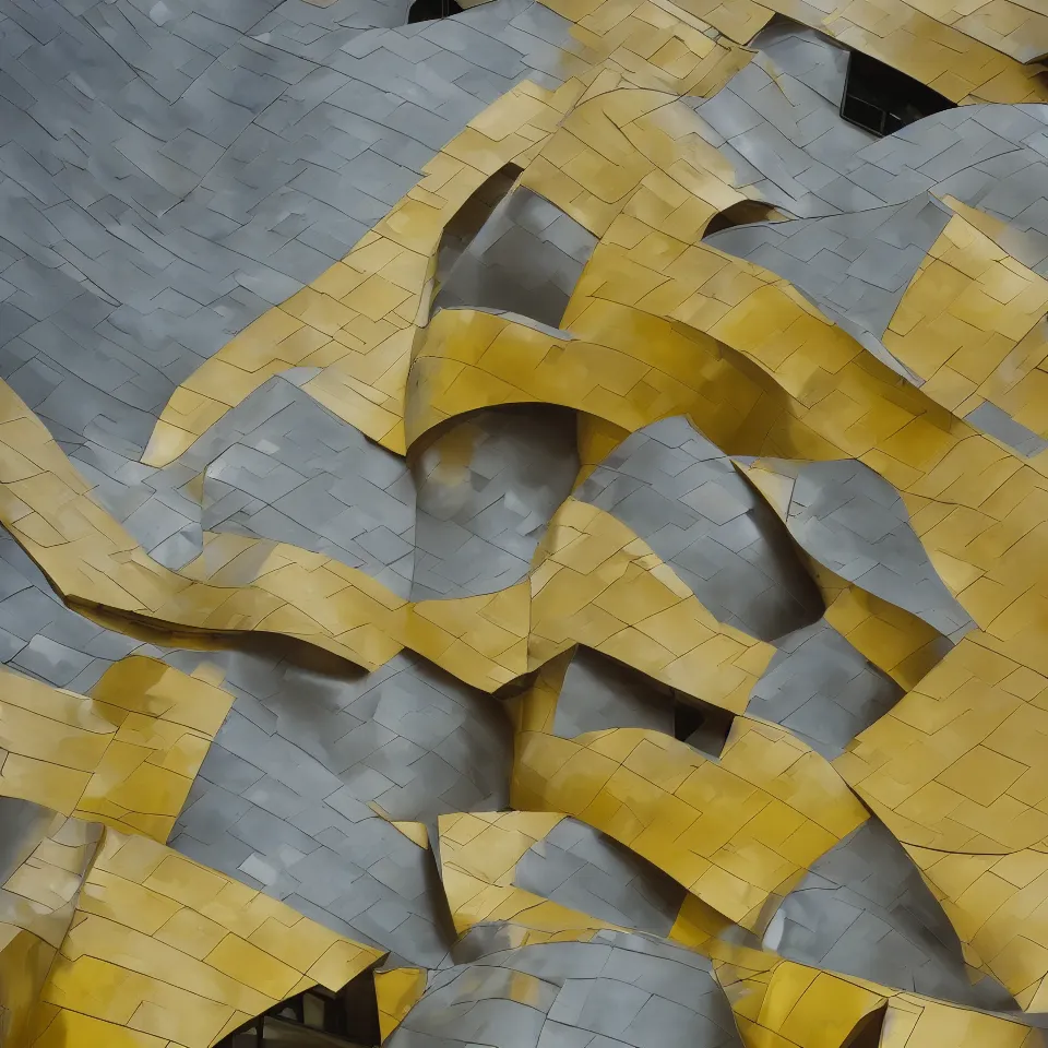 Image similar to a small house, designed by Frank Gehry. Big Tiles. Film grain, cinematic, yellow hue