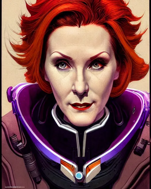 Image similar to moira from overwatch, character portrait, portrait, close up, concept art, intricate details, highly detailed, vintage sci - fi poster, in the style of chris foss, rodger dean, moebius, michael whelan, and gustave dore