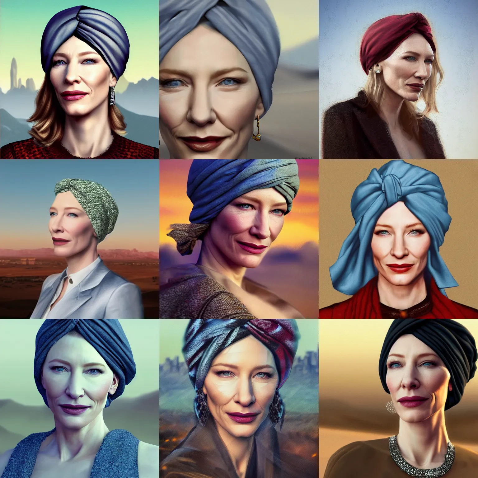 Prompt: hyperrealistic portrait of cate blanchett , wearing a turban, lit by dawn light, desert city on background, trending on artstation