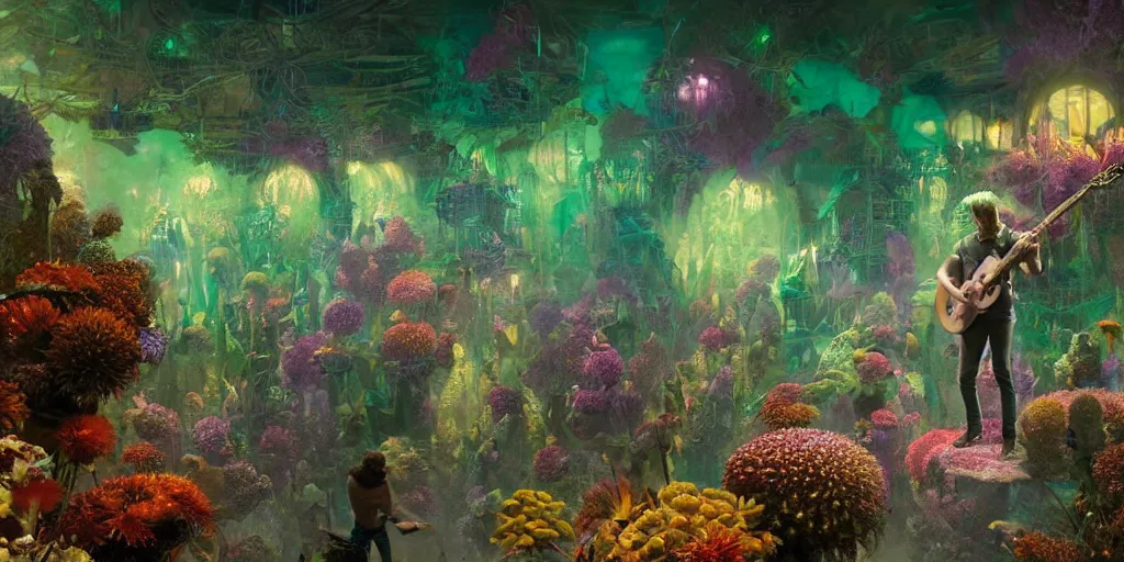 Image similar to digital artwork of anthromorphic sea urchin male, rock band, performing on stage full of beautiful flowers, guitar, advanced stage lighting, audience under stage waving green glow sticks, concept art, 8 k, by greg rutkowski, gaston bussiere, 3 d vray render, craig mullins, high detail, cinematic, ue 4, unreal engine