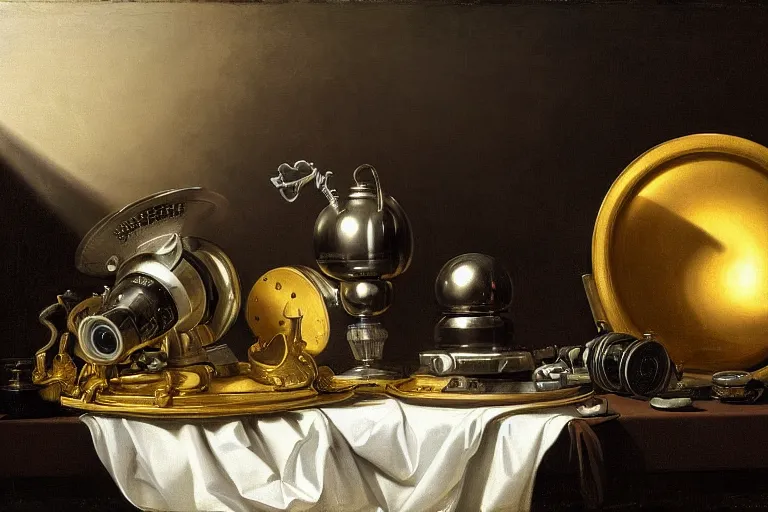 Prompt: still life painting of alien technology, by pieter claesz, oil on canvas, strong lighting, highly detailed, hyper realism, golden hour, god rays, hd, 4 k