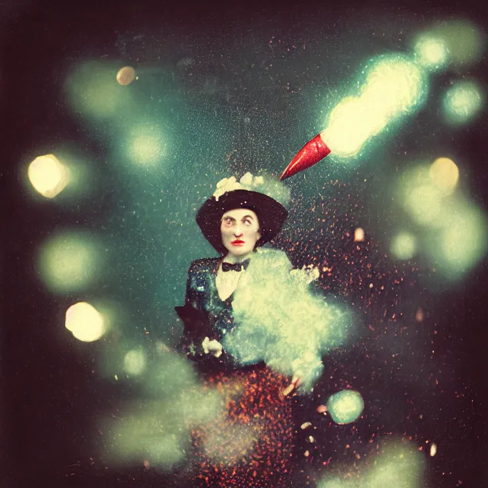 Image similar to kodak portra 4 0 0, wetplate, muted colours, blueberry, 1 9 1 0 s style, motion blur, portrait photo of a backdrop, explosions, rockets, sparkling, arcane's jinx, aka powder, by georges melies and by britt marling