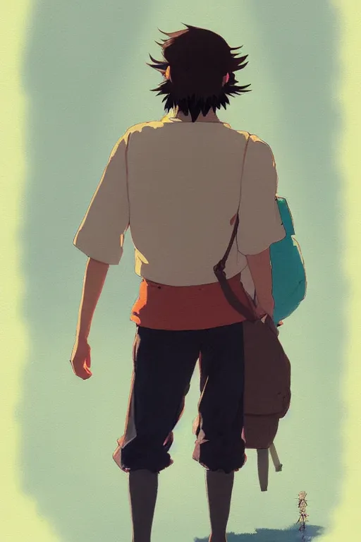 Image similar to a colorful portrait of a long bearded student rear view, morning, by studio ghibli painting, superior quality, masterpiece, traditional Japanese colors, by Grzegorz Rutkowski, concept art