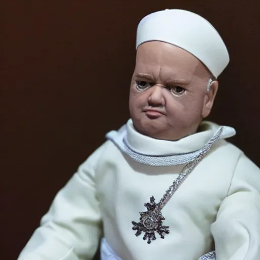 Prompt: “ a doll resembling the pope, highly detailed, highly realistic ”