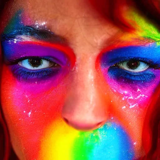 Prompt: woman crying rainbow paint, photography, ultra realistic, highly detailed, 8 k