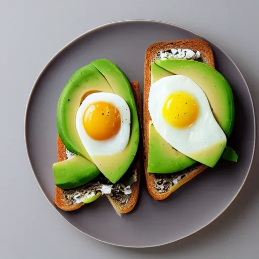 Prompt: duck egg, avocado, swiss cheese on toast. studio lighting.