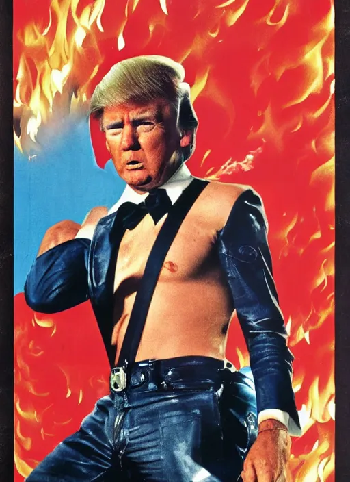 Image similar to an 8 0's john alvin action movie poster of donald trump starring in dumpster fire. explosions.