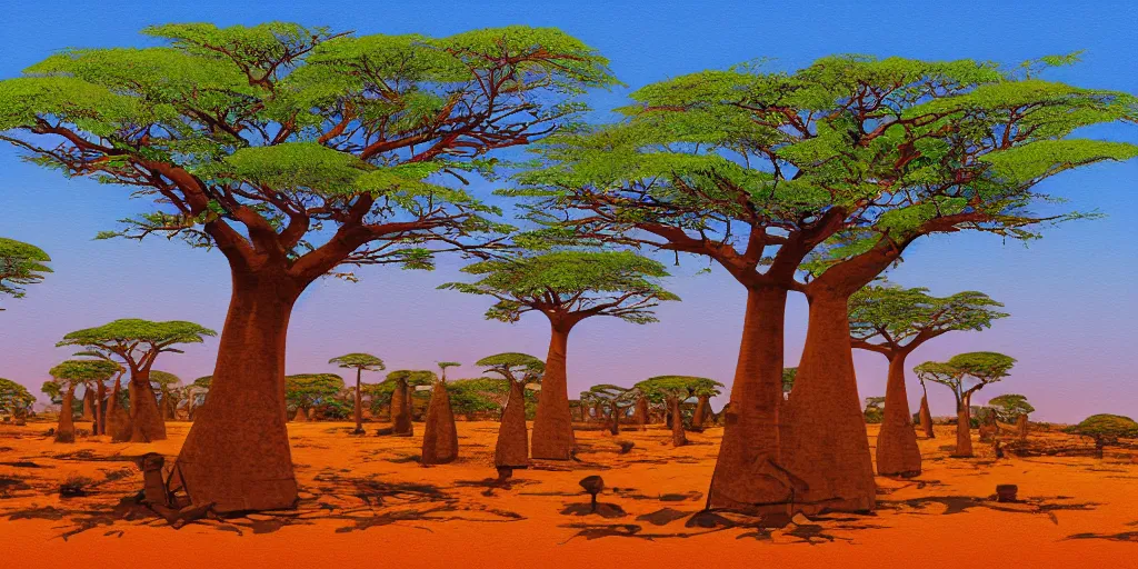 Image similar to a Malagasy landscape with baobab trees in the early morning, digital painting, highly detailed