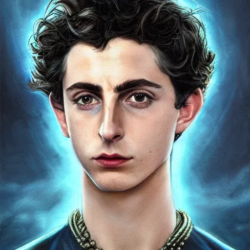 Image similar to realistic paul atreides emperor of the known universe, perfect dramatic and dark portrait insanely detailed, trending on artstation, deviantart, dune, low angle oil painting and composition laws, dark foggy background, timothee chalamet but he is older, man with thin lines on the face, medium - long curly brown hair, completely blue eyes, denis villeneuve cinematography