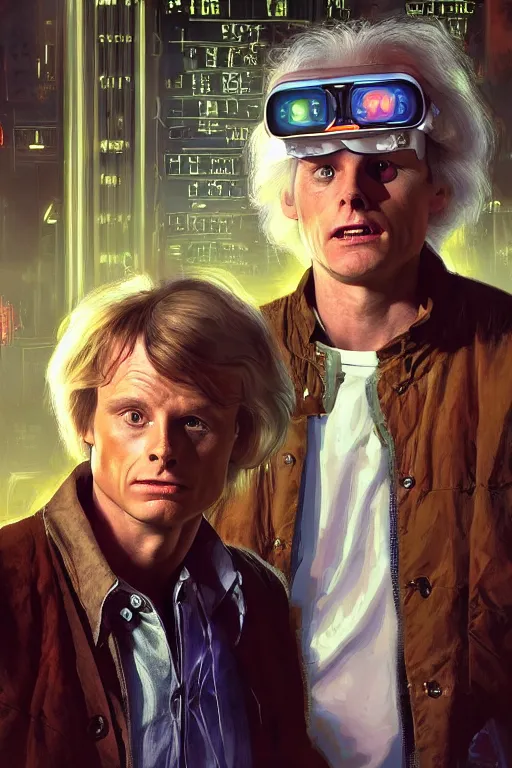 Image similar to hyperrealist portrait of marty mcfly and doc emmett brown, it is decorated with long wires and computer monitors in the cyberpunk office background. by jeremy mann and alphonse mucha, fantasy art, photo realistic, dynamic lighting, artstation, poster, volumetric lighting, very detailed faces, 8 k, award winning