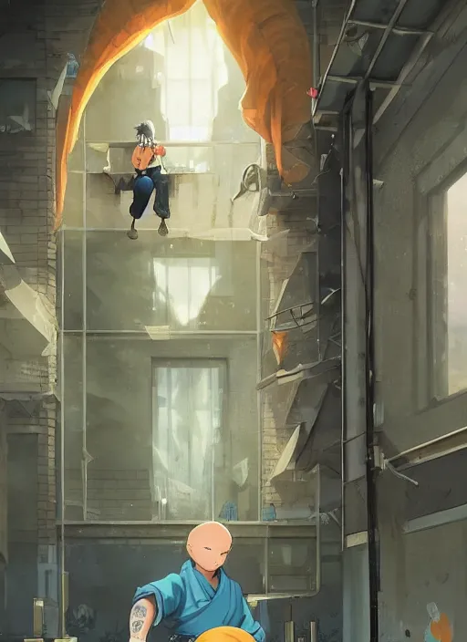 Image similar to highly detailed krillin standing outside building with a window with metal bars and naruto uzumaki with black hair behind them art by greg rutkowski, loish, rhads, ferdinand knab, makoto shinkai and lois van baarle, ilya kuvshinov, rossdraws, tom bagshaw, global illumination, radiant light, detailed and intricate environment