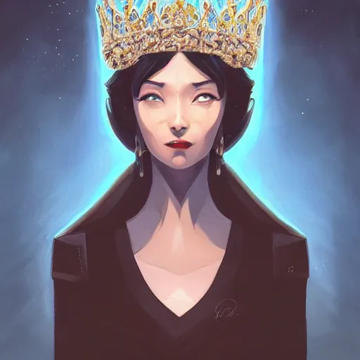 Image similar to face icon stylized minimalist a beautiful black haired woman with pale skin and a crown on her head sitted on an intricate metal throne, loftis, cory behance hd by jesper ejsing, by rhads, makoto shinkai and lois van baarle, ilya kuvshinov, rossdraws global illumination,