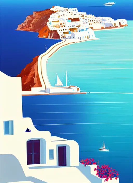 Prompt: a travel poster illustration depicting a house in santorini with an ocean view, white architecture, digital painting, vector art, trending on artstration, by anton fadeev, by alena aenami